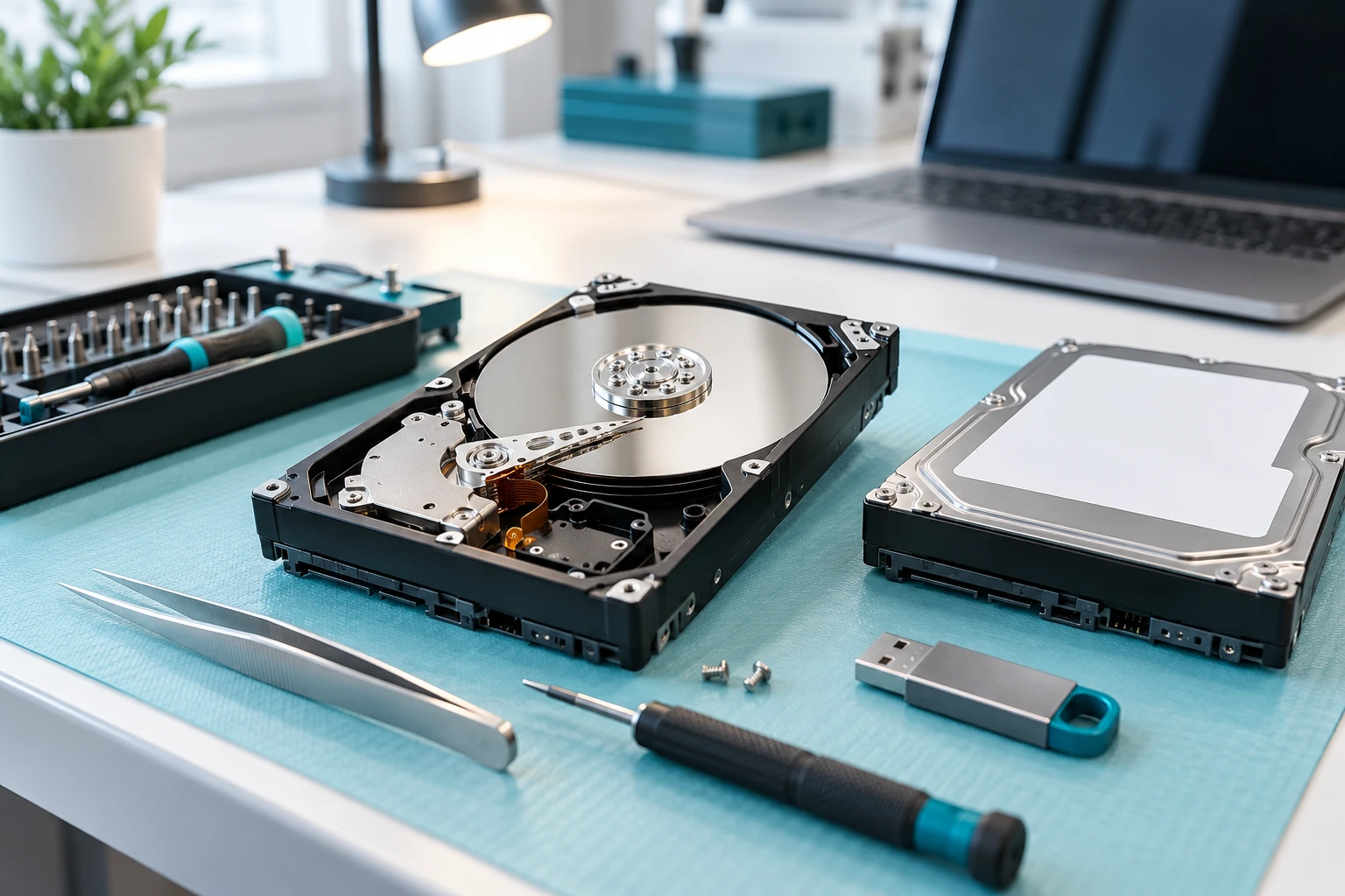 Geöffnete Festplatte mit sichtbarer Magnetscheibe auf einer Werkbank, daneben Werkzeug und USB-Stick