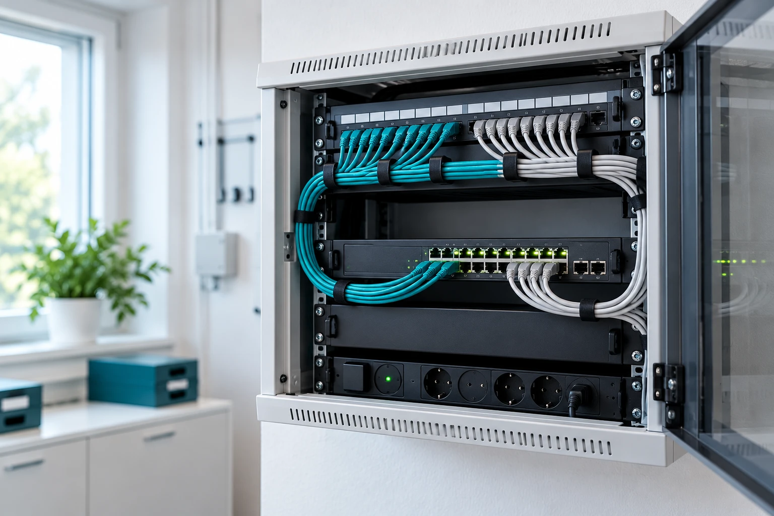 Ordentlich verkabelter Netzwerkschrank mit Patchpanel, Switch und farbig geführten Netzwerkkabeln