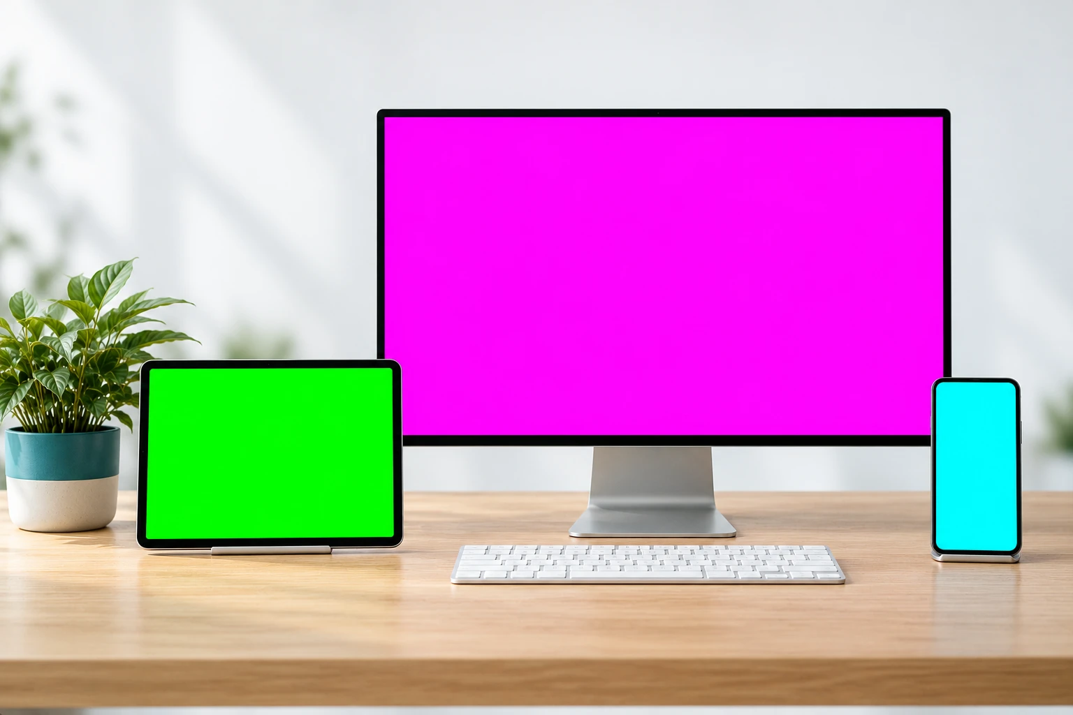 Monitor, Tablet und Smartphone auf einem Schreibtisch, auf denen dieselbe Website zu sehen ist