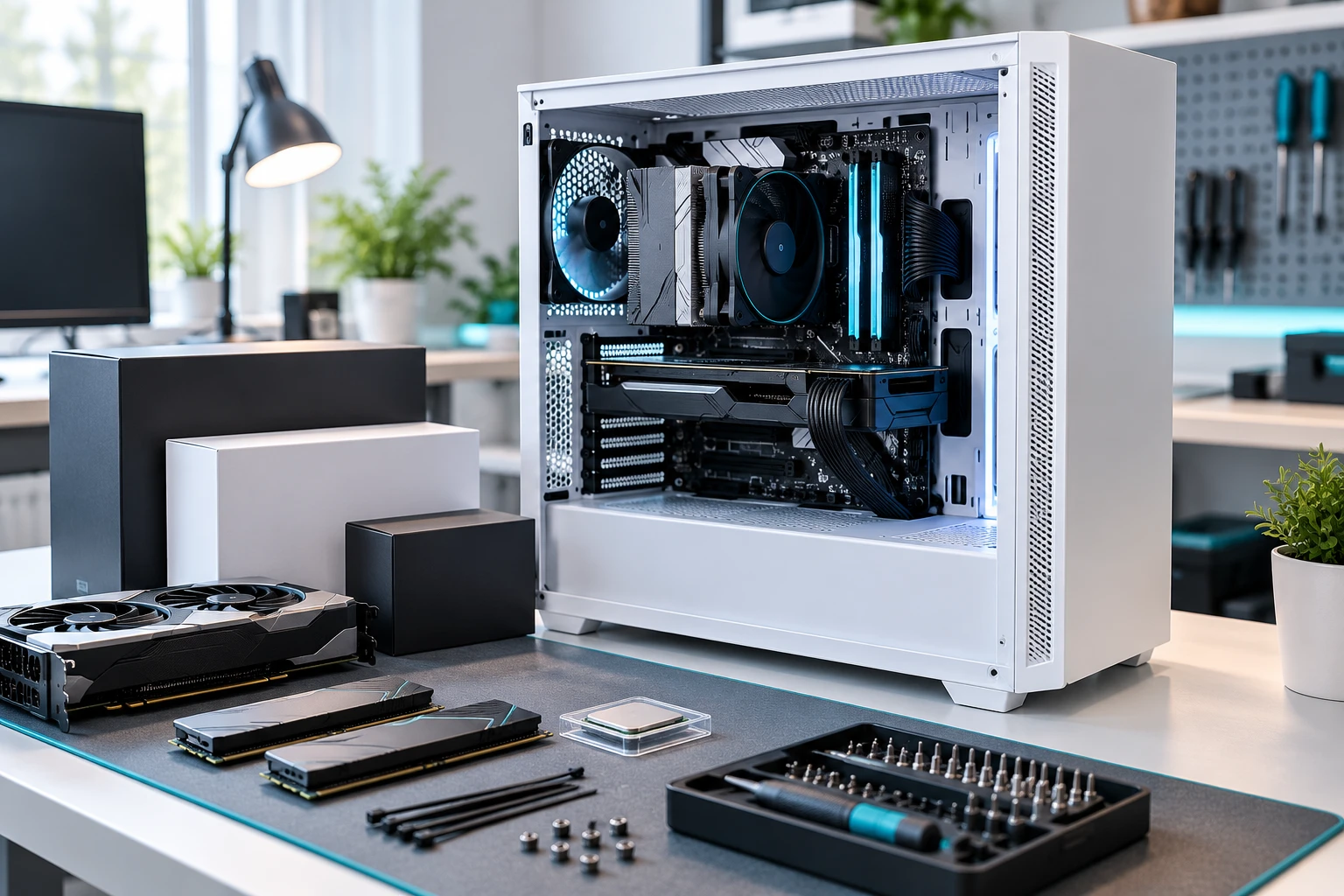 Offener weißer PC-Tower mit Grafikkarte, CPU-Kühler und Arbeitsspeicher, davor Bauteile und Werkzeug