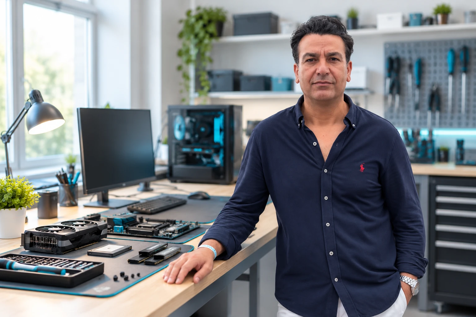 Der Inhaber von Momtech Computer lehnt an einer Werkbank mit Computerteilen und Werkzeug