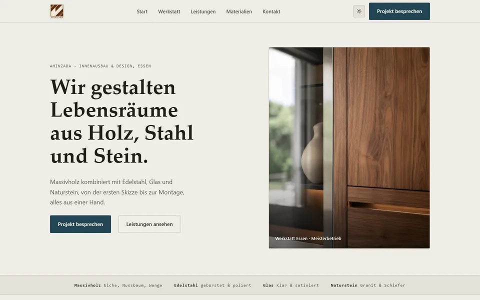 Startseite der Schreinerei Aminzada mit Nussbaum-Möbel