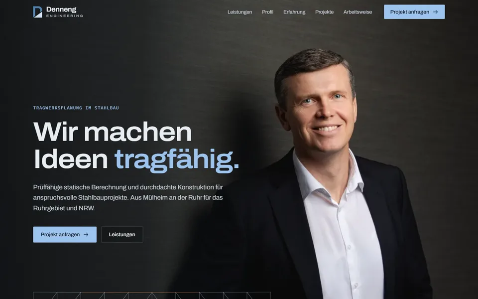 Startseite von Denneng Engineering mit Porträt und Fachwerk-Zeichnung