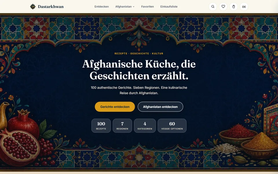 Startseite von Dastarkhwan mit orientalischem Ornament, Granatapfel und Gewürzen